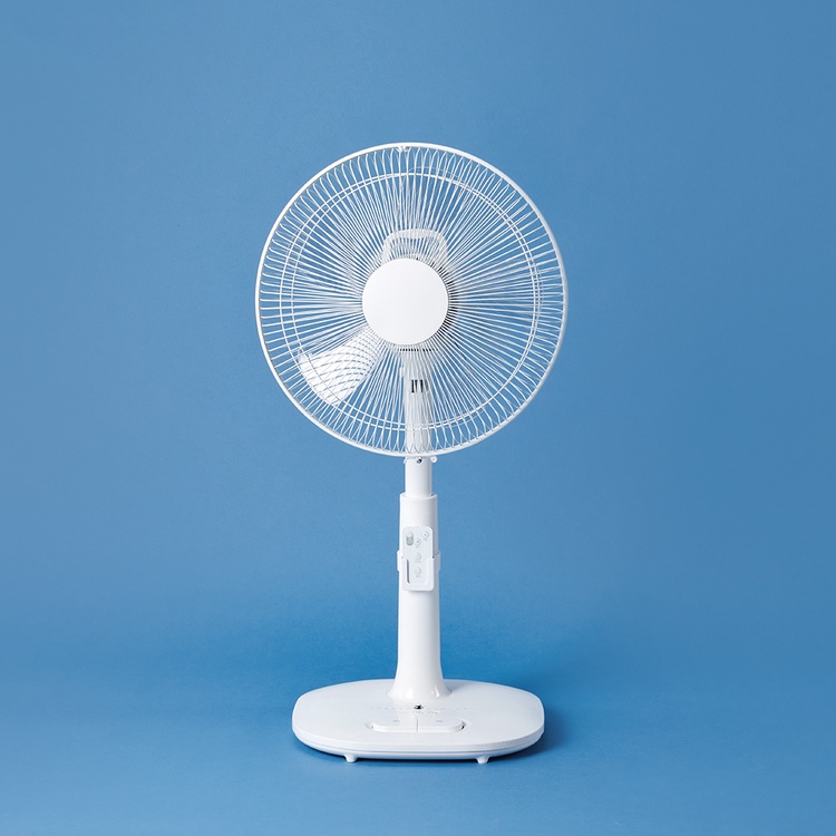 스탠드 선풍기 정면, 앞망 가운데에 날개 고정 캡 커버가 보인다